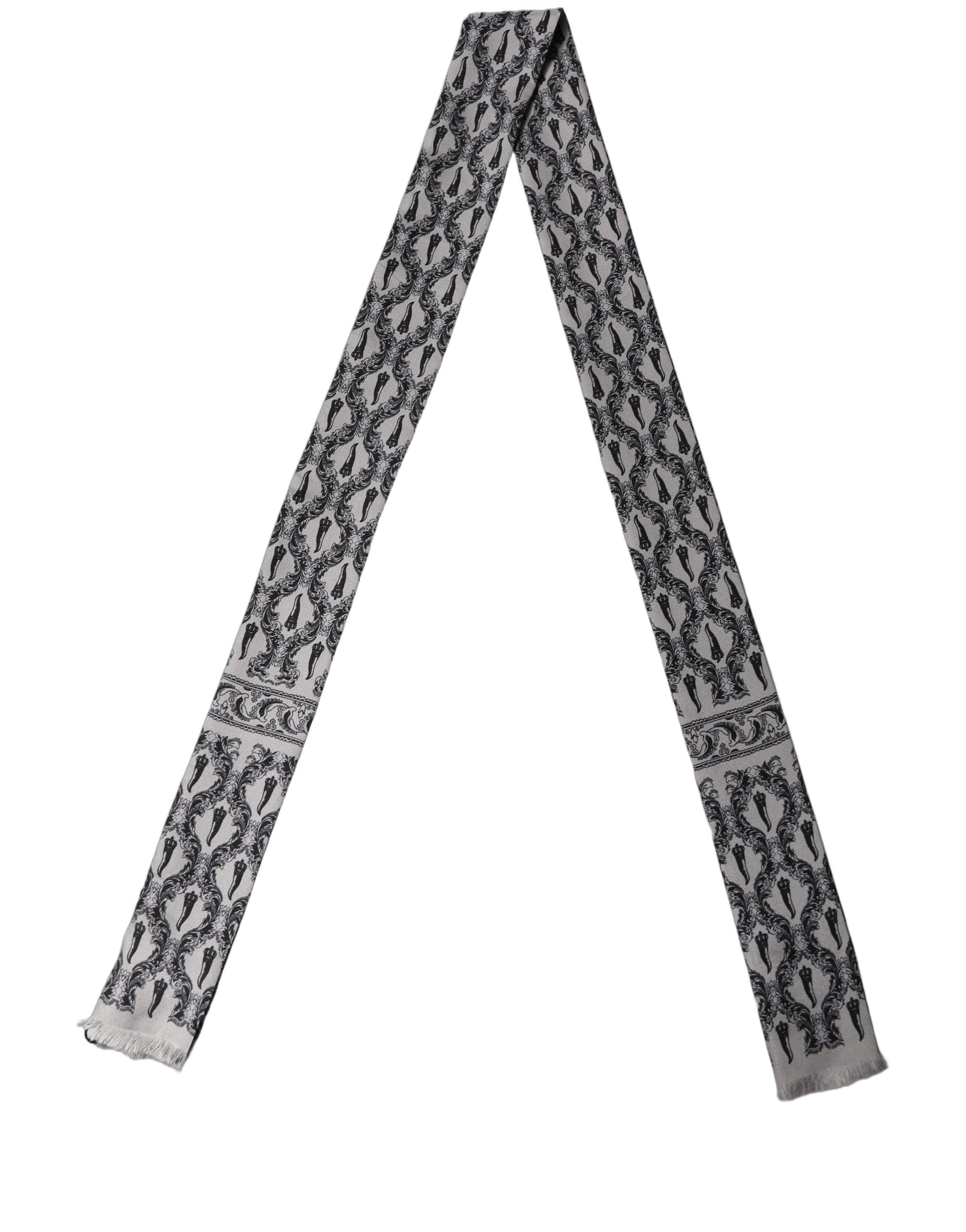 Dolce & Gabbana Gray Baroque Silk Fringed Skinny Foulard Men's Scarf