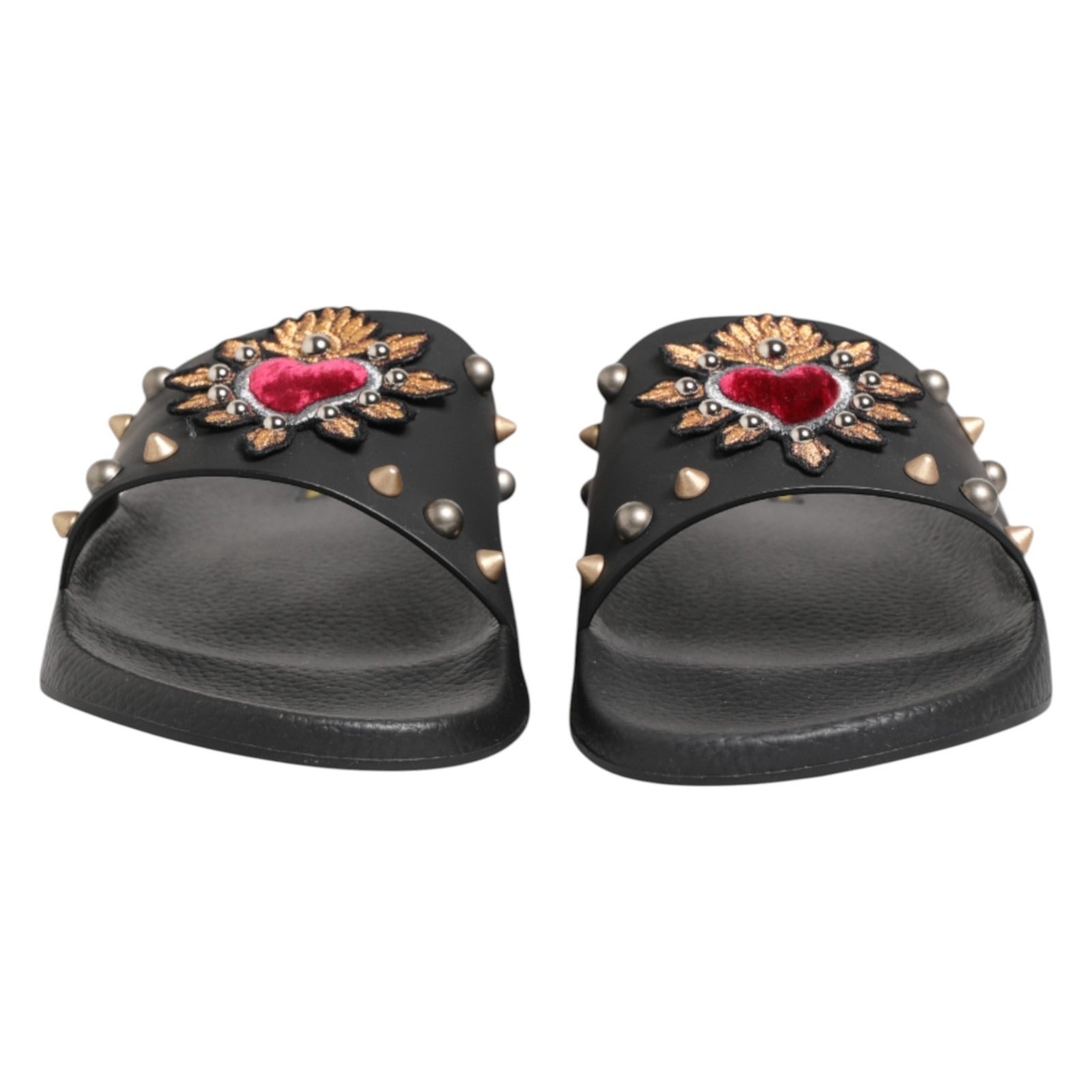 Dolce & Gabbana Black Heart Patch Rubber Calfskin Slippers Men's Shoes