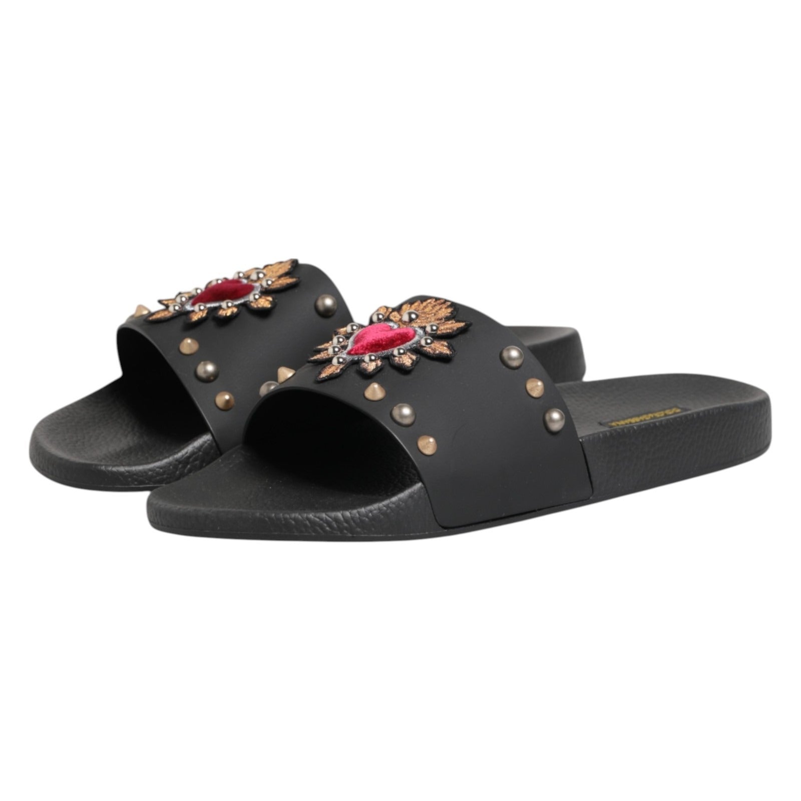 Dolce & Gabbana Black Heart Patch Rubber Calfskin Slippers Men's Shoes