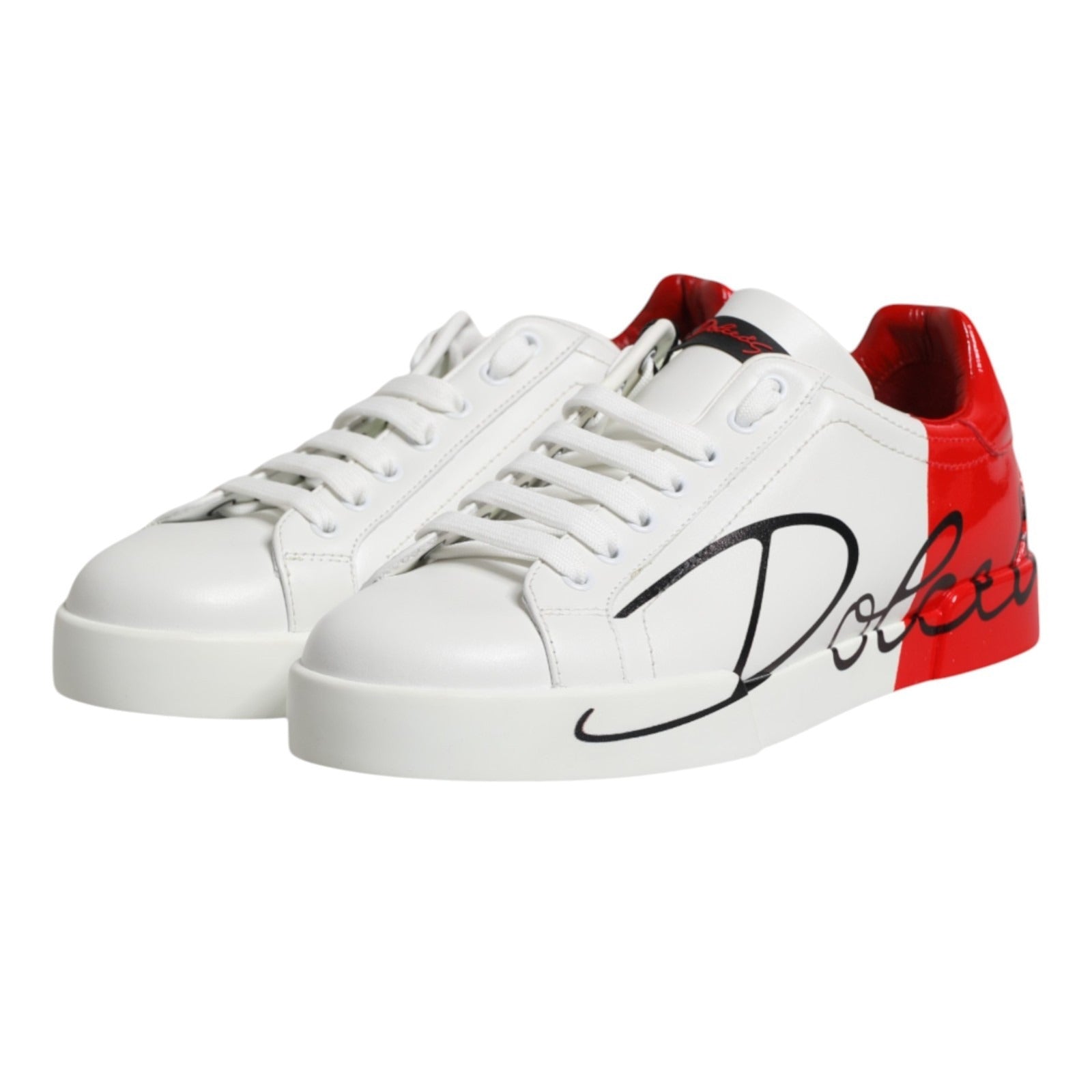 Dolce & Gabbana White Red Leather Logo Portofino Sneakers Men's Shoes