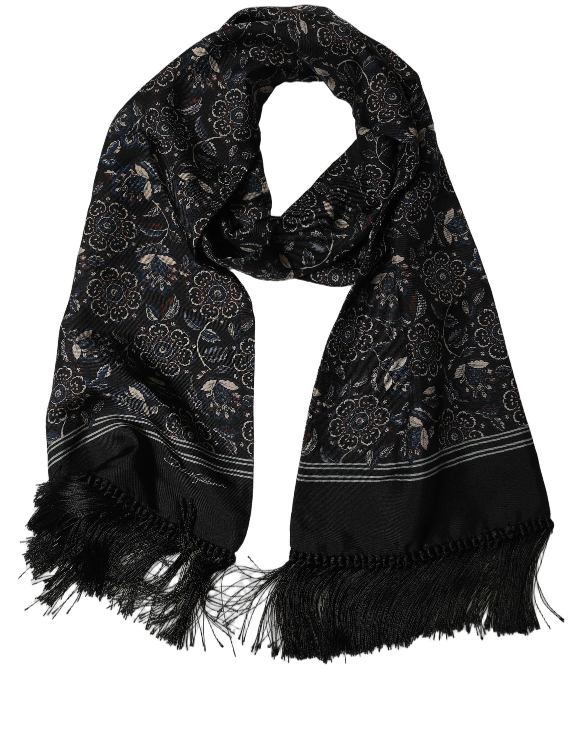 Dolce & Gabbana Black Silk Floral Paisley Fringed Shawl Men's Scarf