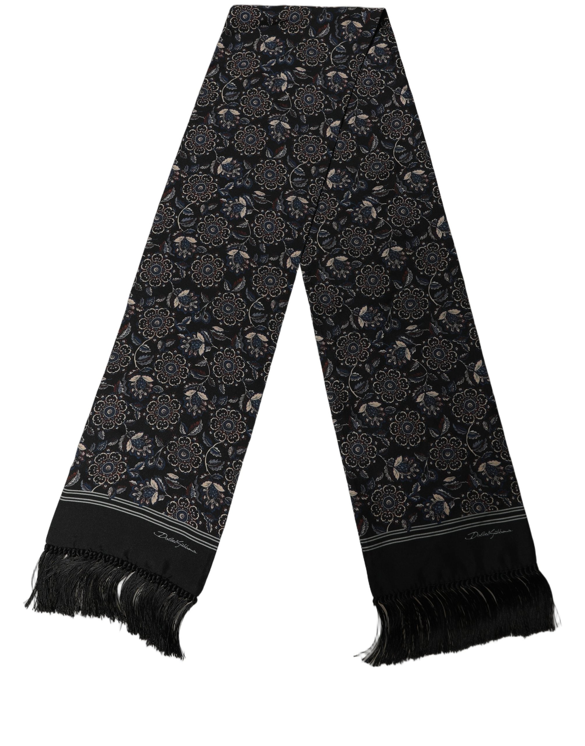Dolce & Gabbana Black Silk Floral Paisley Fringed Shawl Men's Scarf