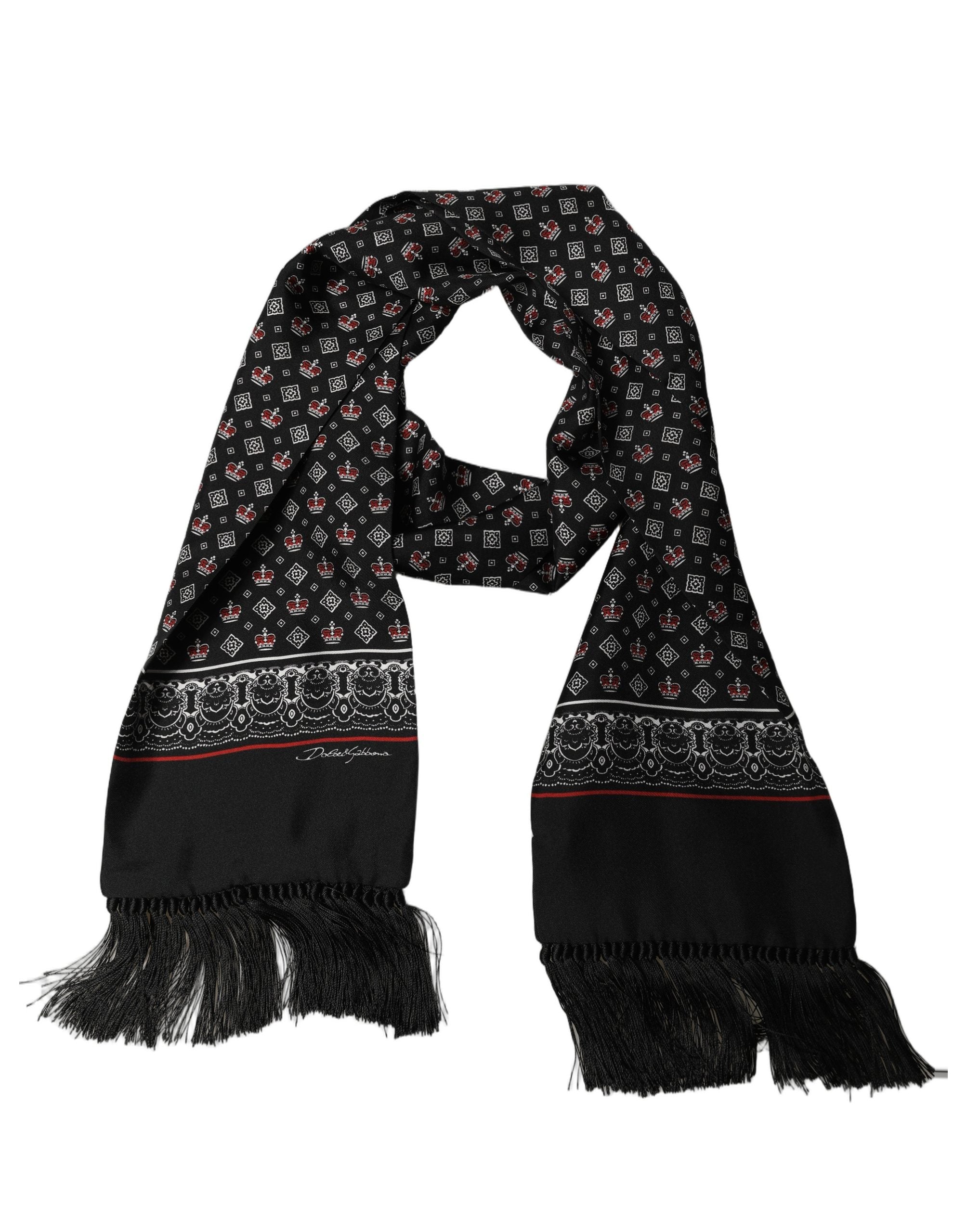 Dolce & Gabbana Black Silk Crown Fringed Neck Shawl Men's Scarf