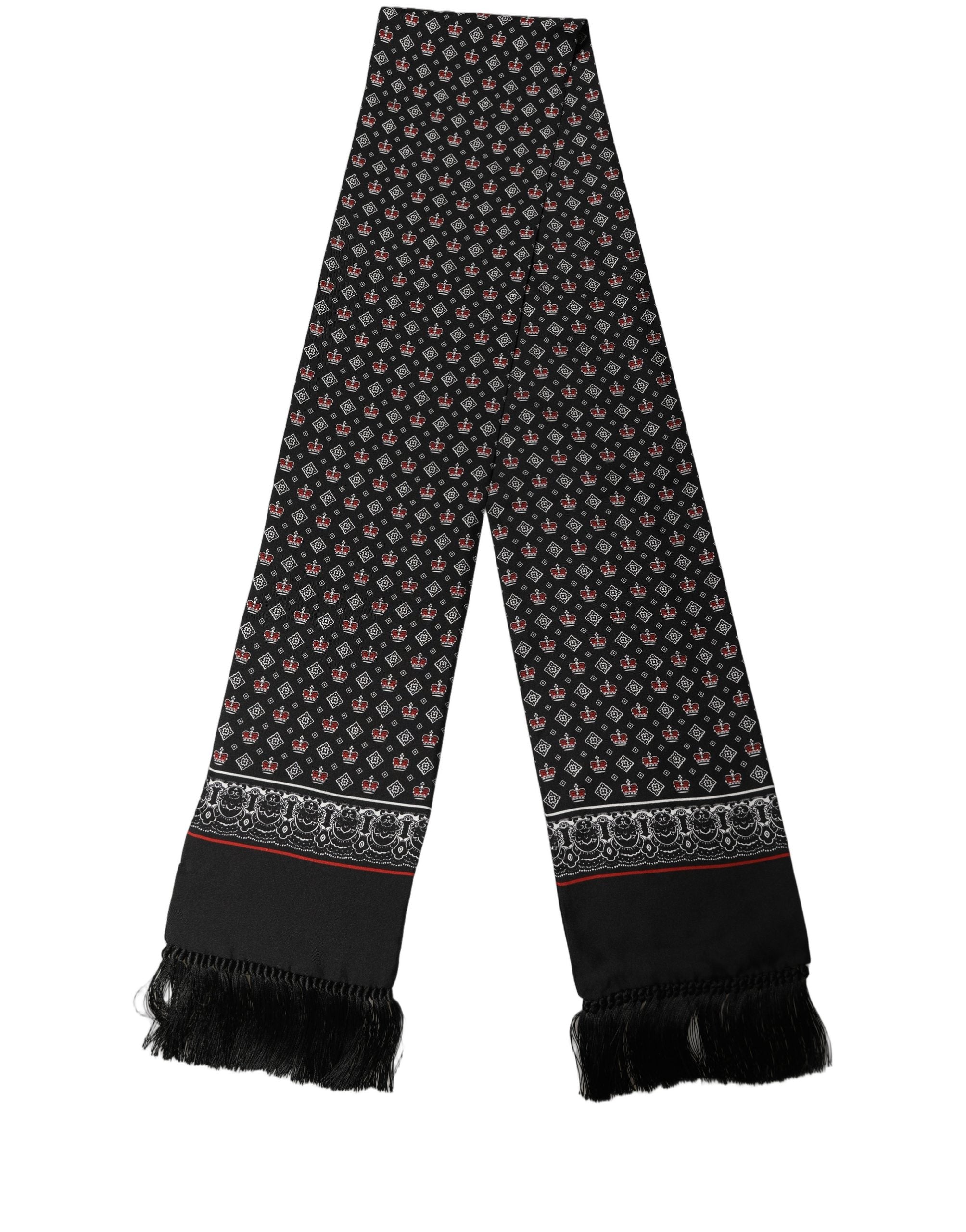 Dolce & Gabbana Black Silk Crown Fringed Neck Shawl Men's Scarf