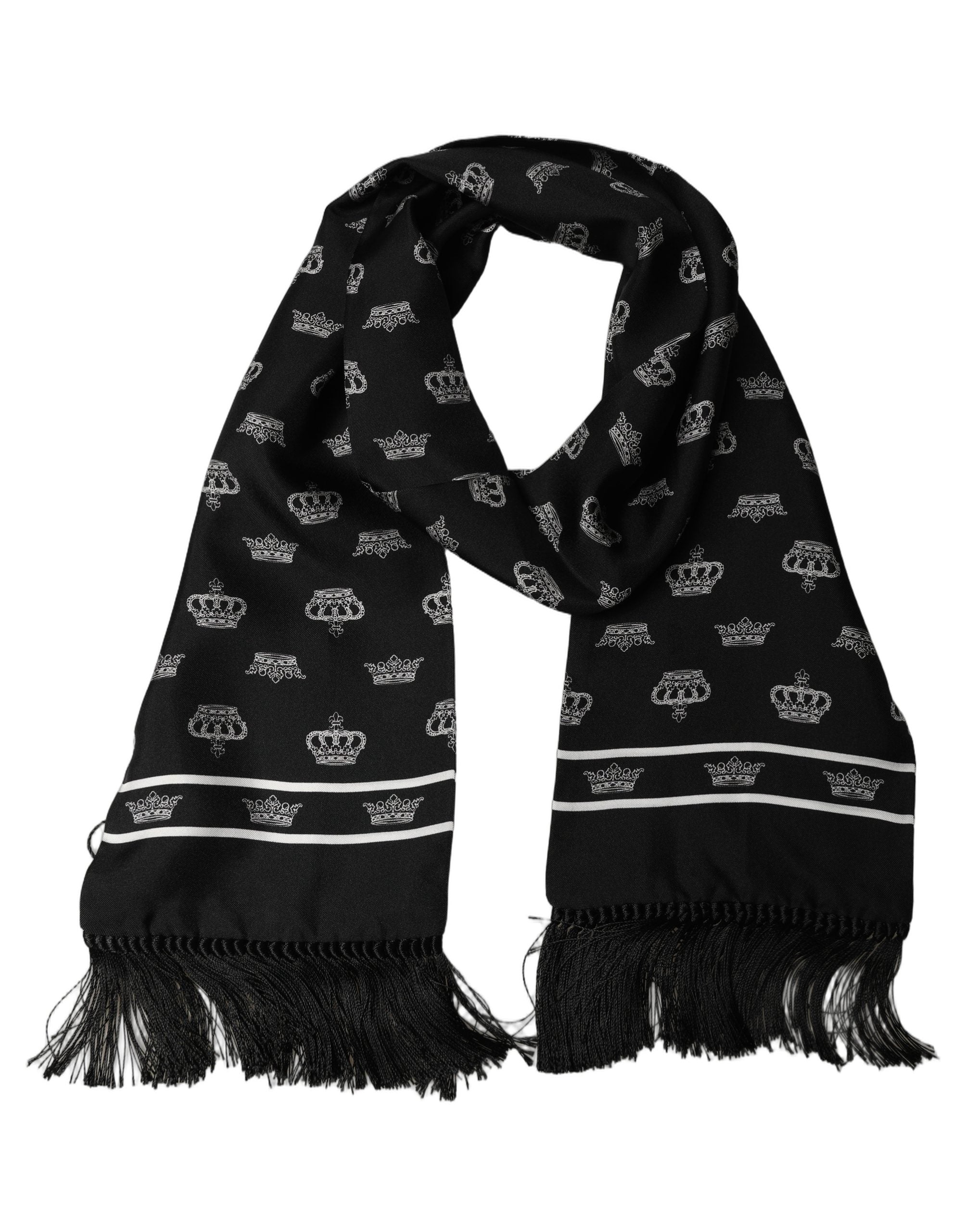 Dolce & Gabbana Black Silk Crown Fringed Neck Shawl Men's Scarf