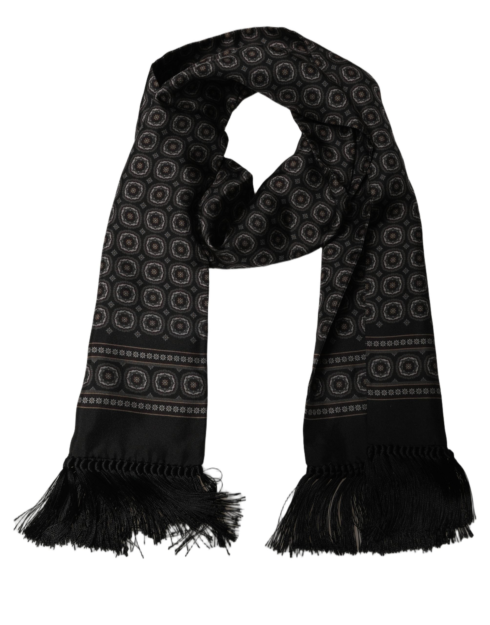 Dolce & Gabbana Black Silk Geometric Fringed Neck Shawl Men's Scarf