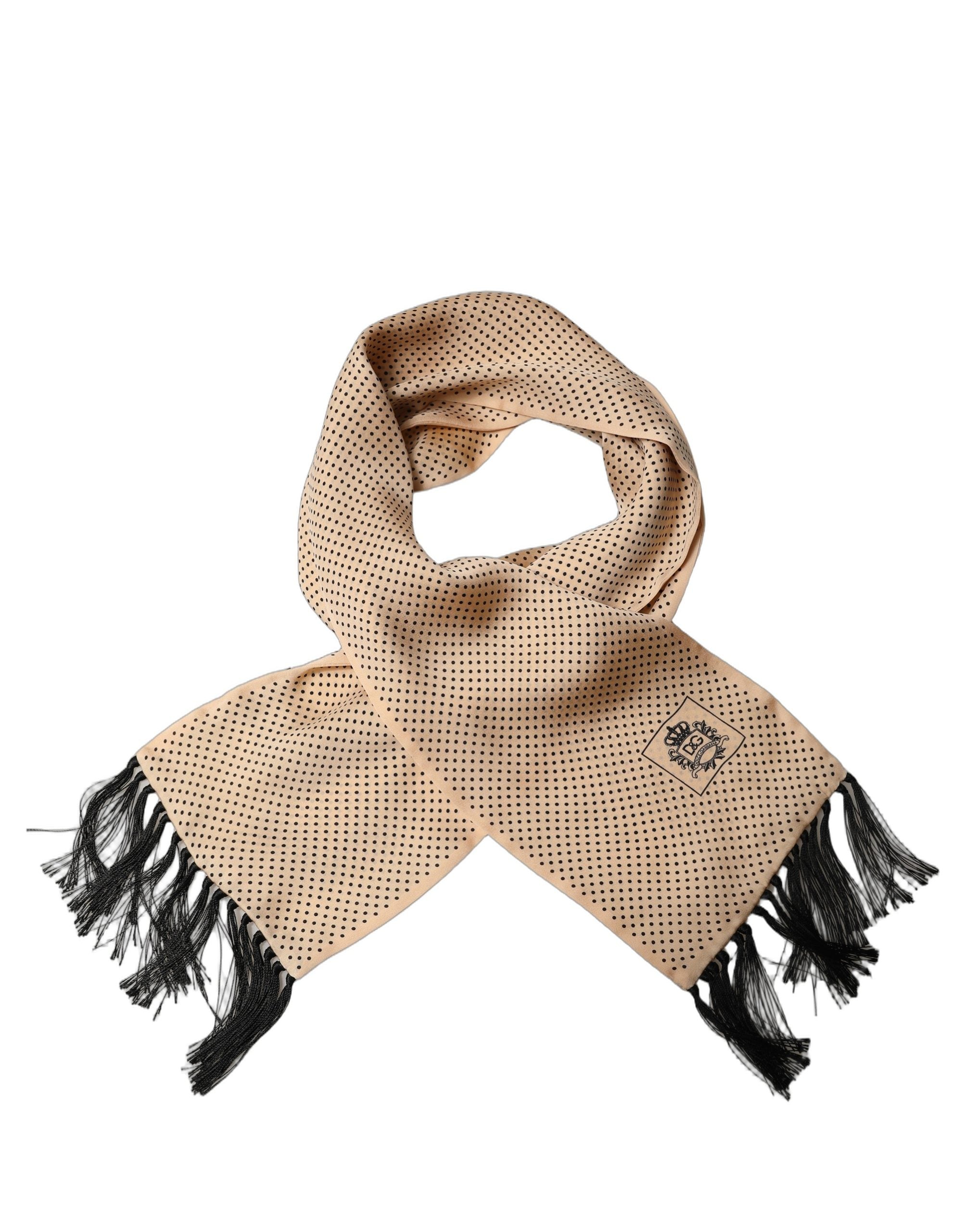 Dolce & Gabbana Beige Silk Dotted Fringed Neck Shawl Men's Scarf