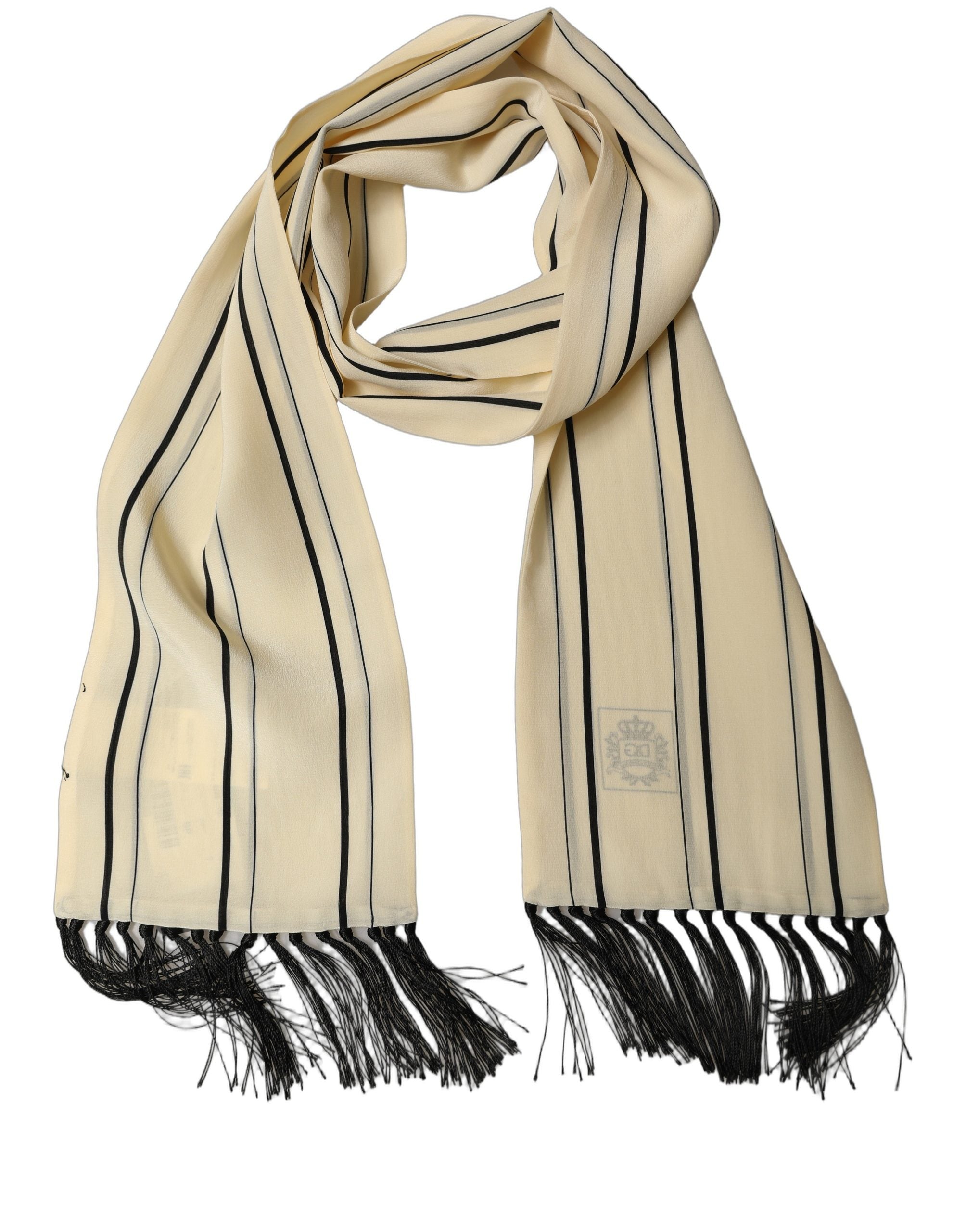 Dolce & Gabbana Beige Silk Striped Fringed Neck Shawl Men's Scarf