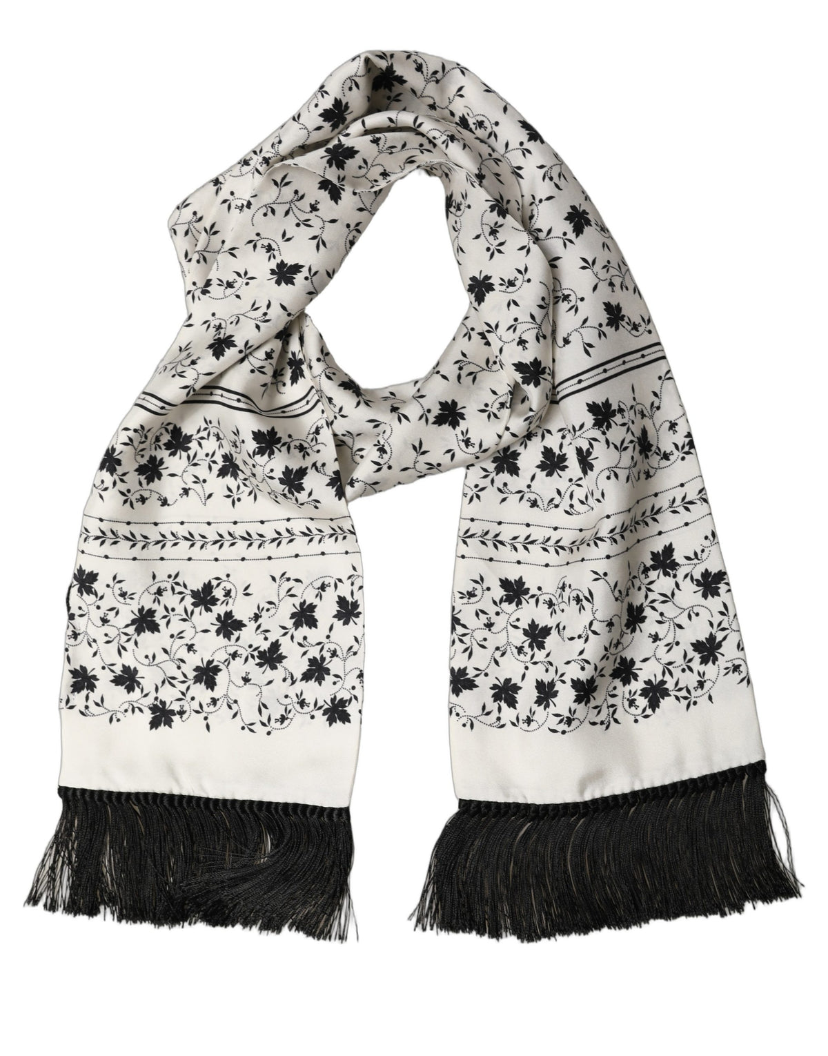 Dolce & Gabbana White Floral Silk Fringed Neck Shawl Men's Scarf
