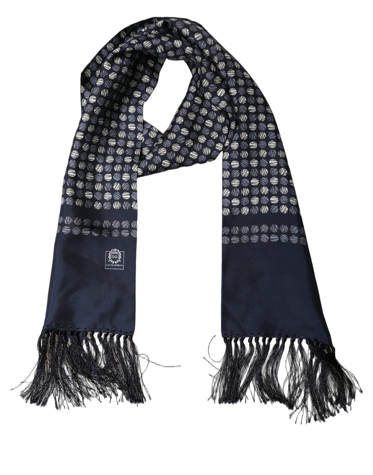 Dolce & Gabbana Men Navy Blue Geometric Dot Silk Fringed Neck Shawl Men's Scarf