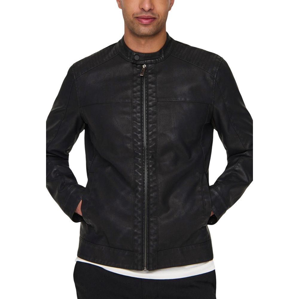 Only & Sons Black Polyester Biker Men's Jacket