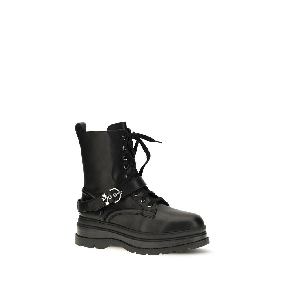 PINKO Black Calf Leather Bos Taurus Lace-Up Women's Boots