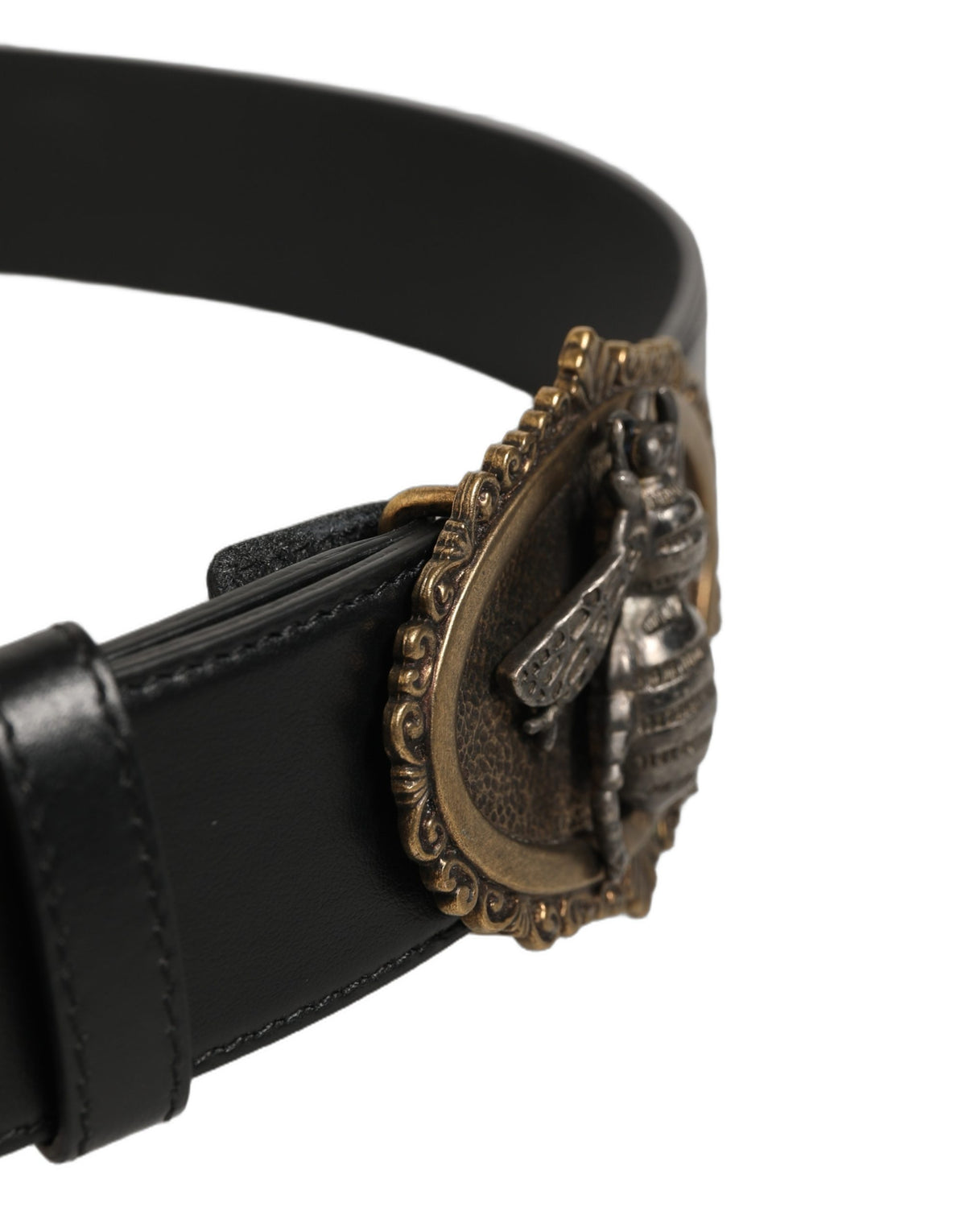Dolce & Gabbana Black Leather Bee Accent Metal Buckle Men's Belt