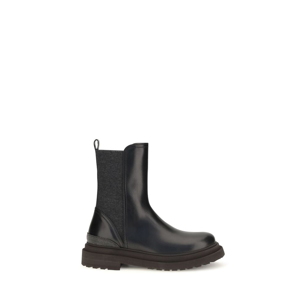 Brunello Cucinelli Black Calf Leather Bos Taurus Chelsea Women's Boots