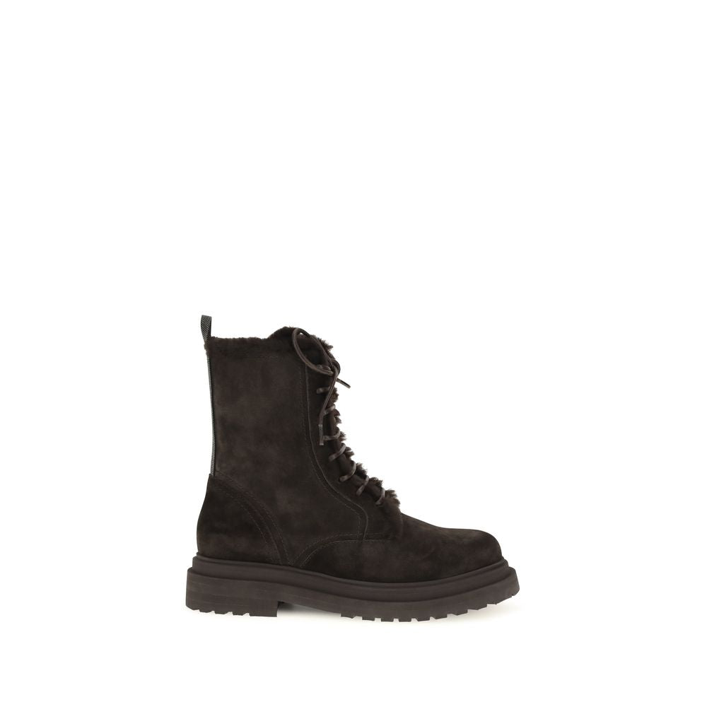 Brunello Cucinelli Black Calf Leather Bos Taurus Lace-Up Women's Boots