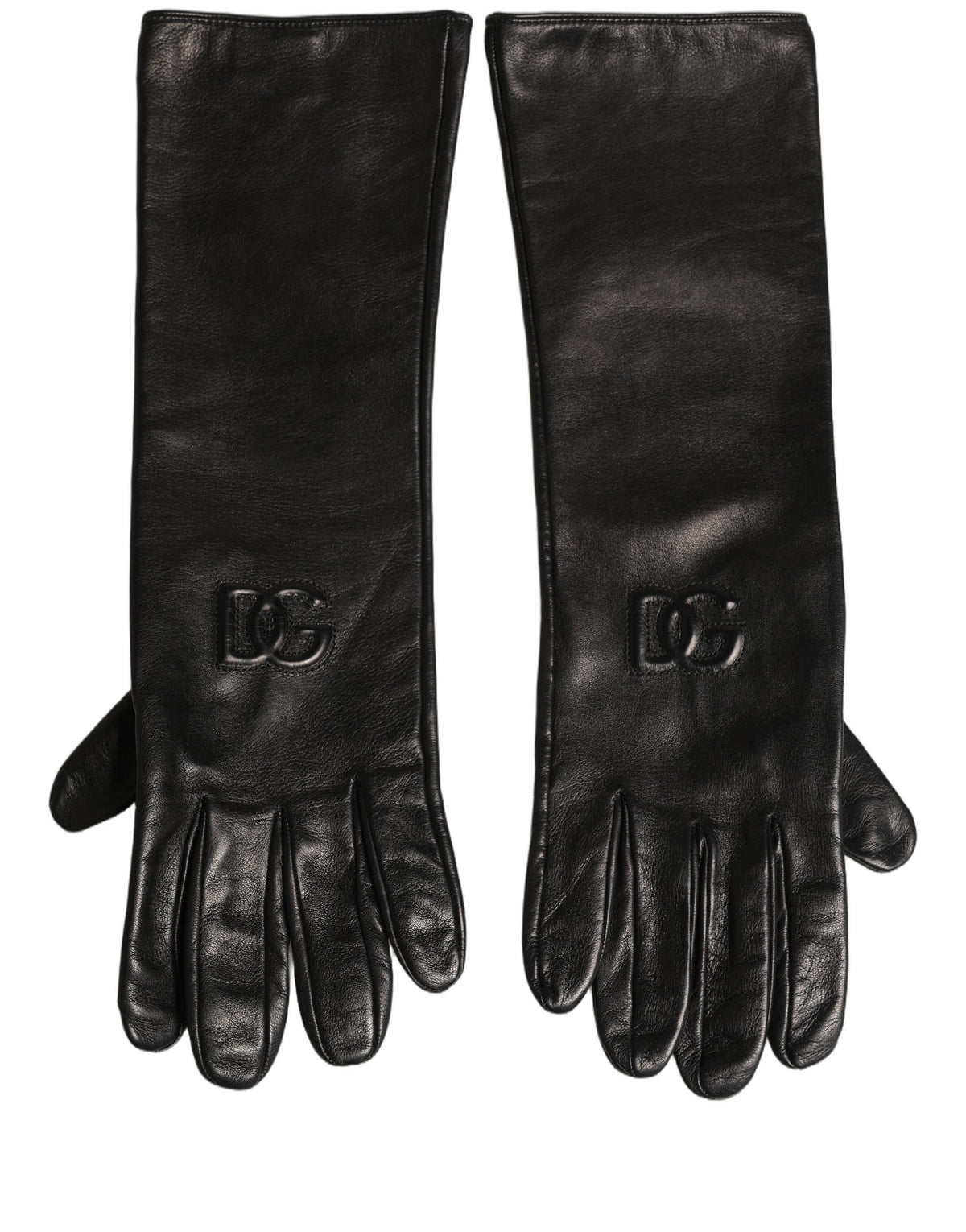 Dolce & Gabbana Black Genuine Leather Embossed DG Logo Women's Gloves