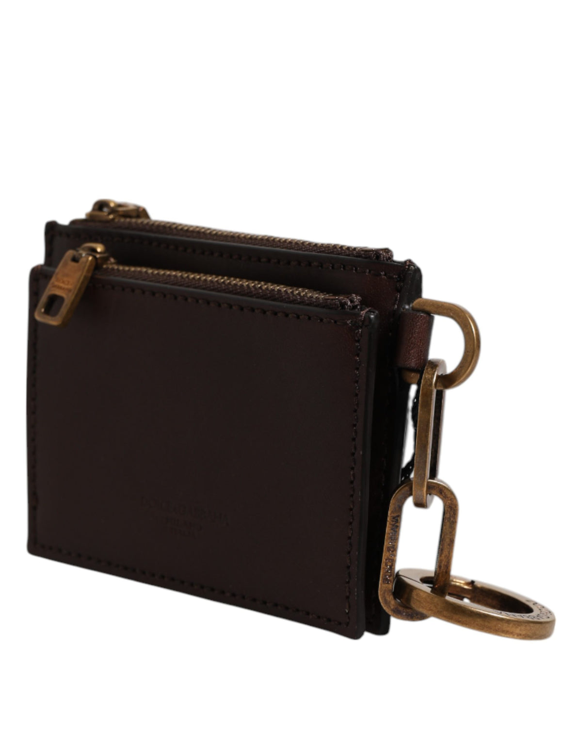 Dolce & Gabbana Brown Leather Logo Embossed Key Chain Coin Purse Women's Wallet