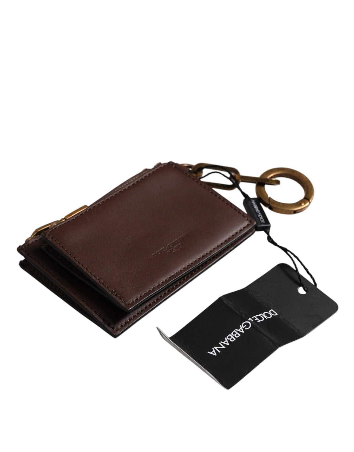 Dolce & Gabbana Brown Leather Logo Embossed Key Chain Coin Purse Women's Wallet