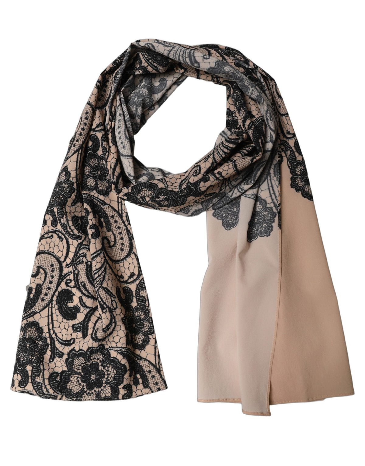 Dolce & Gabbana Black Beige Floral Lace Silk Neck Shawl Women's Scarf
