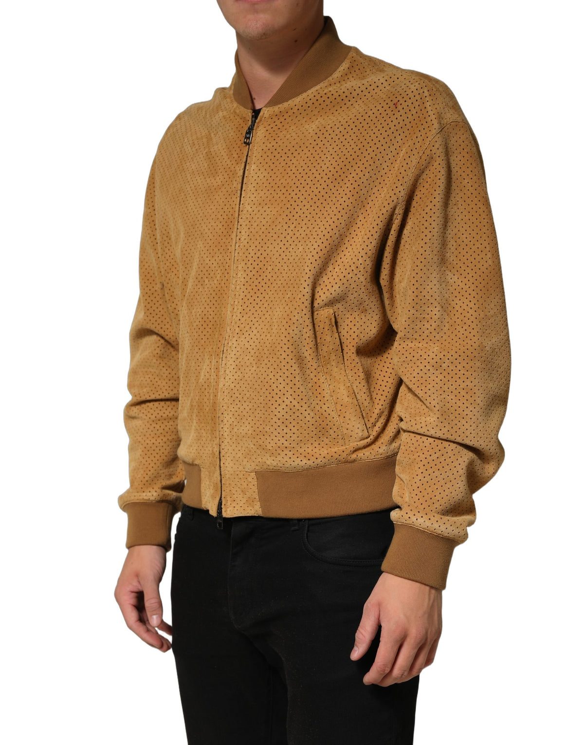 Dolce & Gabbana Beige Leather Perforated Full Zip Men Men's Jacket (Pre-Owned)