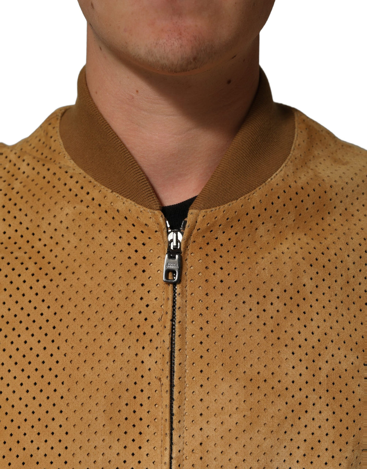 Dolce & Gabbana Beige Leather Perforated Full Zip Men Men's Jacket (Pre-Owned)