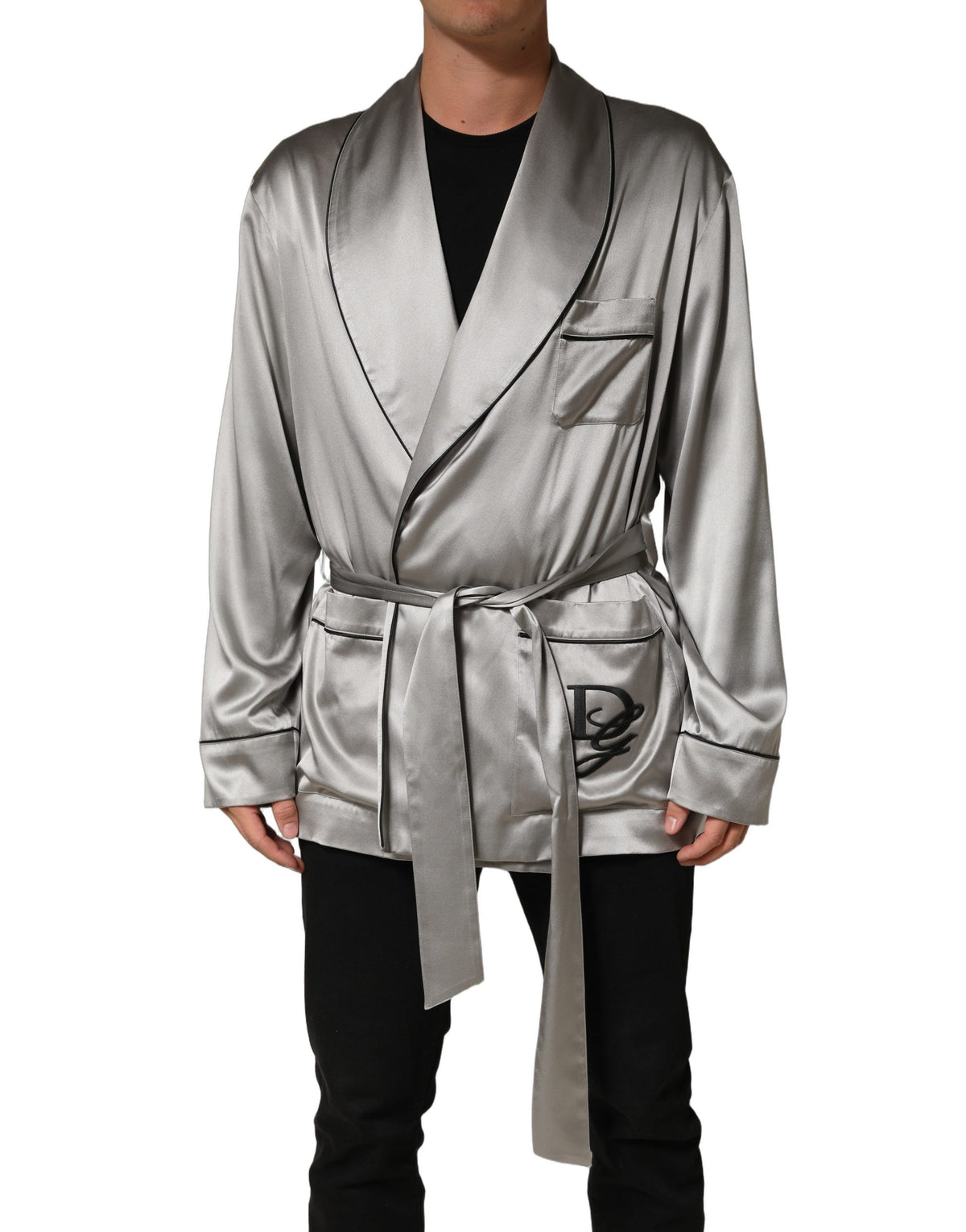 Dolce & Gabbana Gray Silk Satin Robe Embroidered Men's Jacket (Pre-Owned)