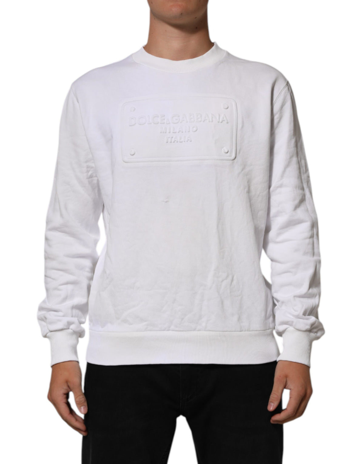 Dolce & Gabbana White Logo Embossed Cotton Sweatshirt Men's Sweater