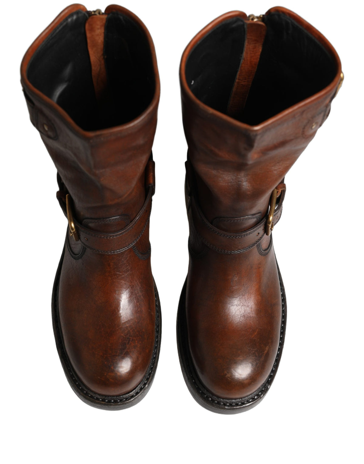 Dolce & Gabbana Brown Leather Mid Calf Biker Boots Men's Shoes
