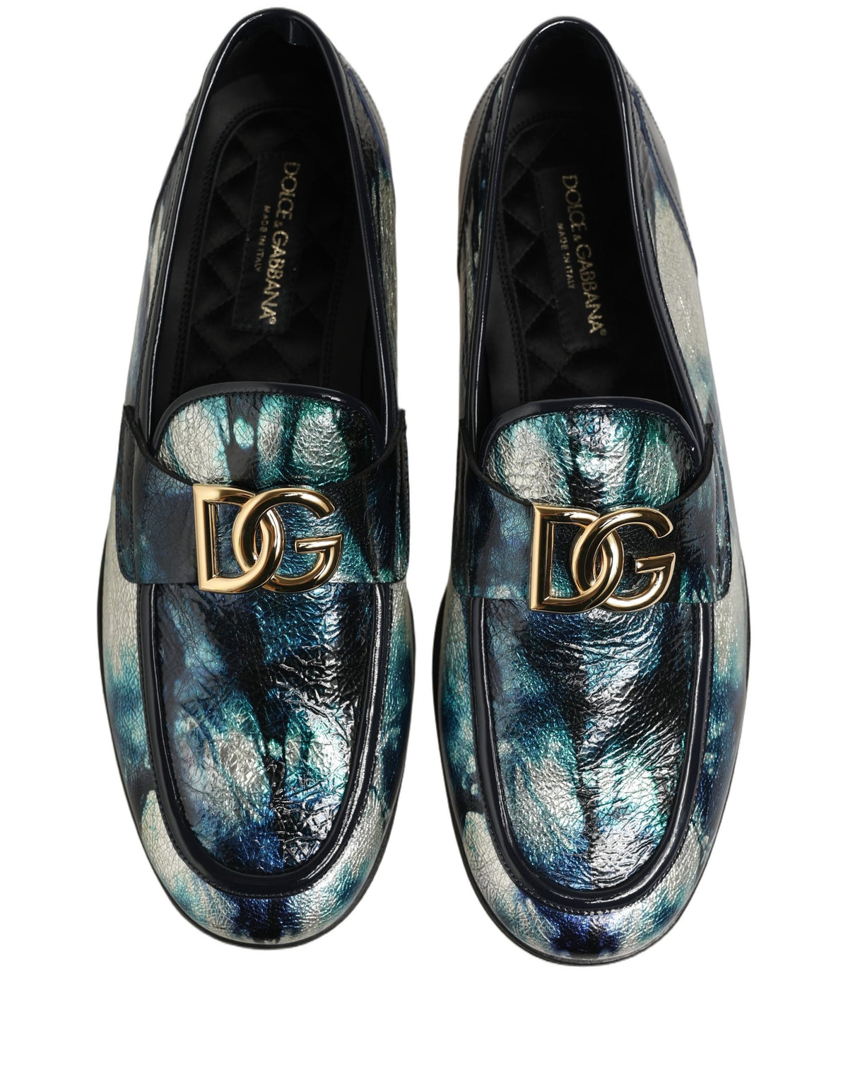 Dolce & Gabbana Metallic Blue Silver Leather DG Loafers Men's Shoes