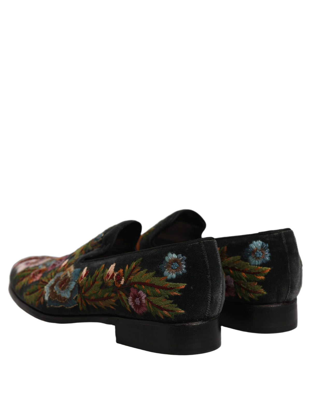 Dolce & Gabbana Black Velvet Floral Embroidery Loafers Men's Shoes