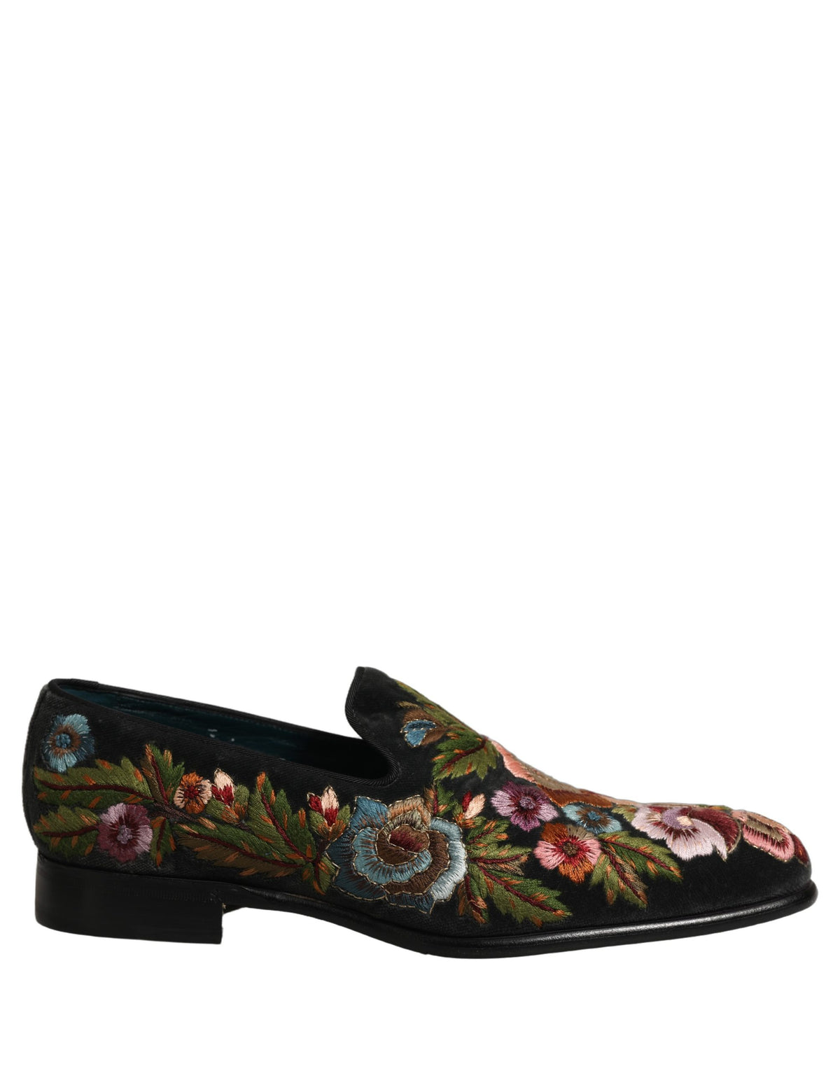 Dolce & Gabbana Black Velvet Floral Embroidery Loafers Men's Shoes