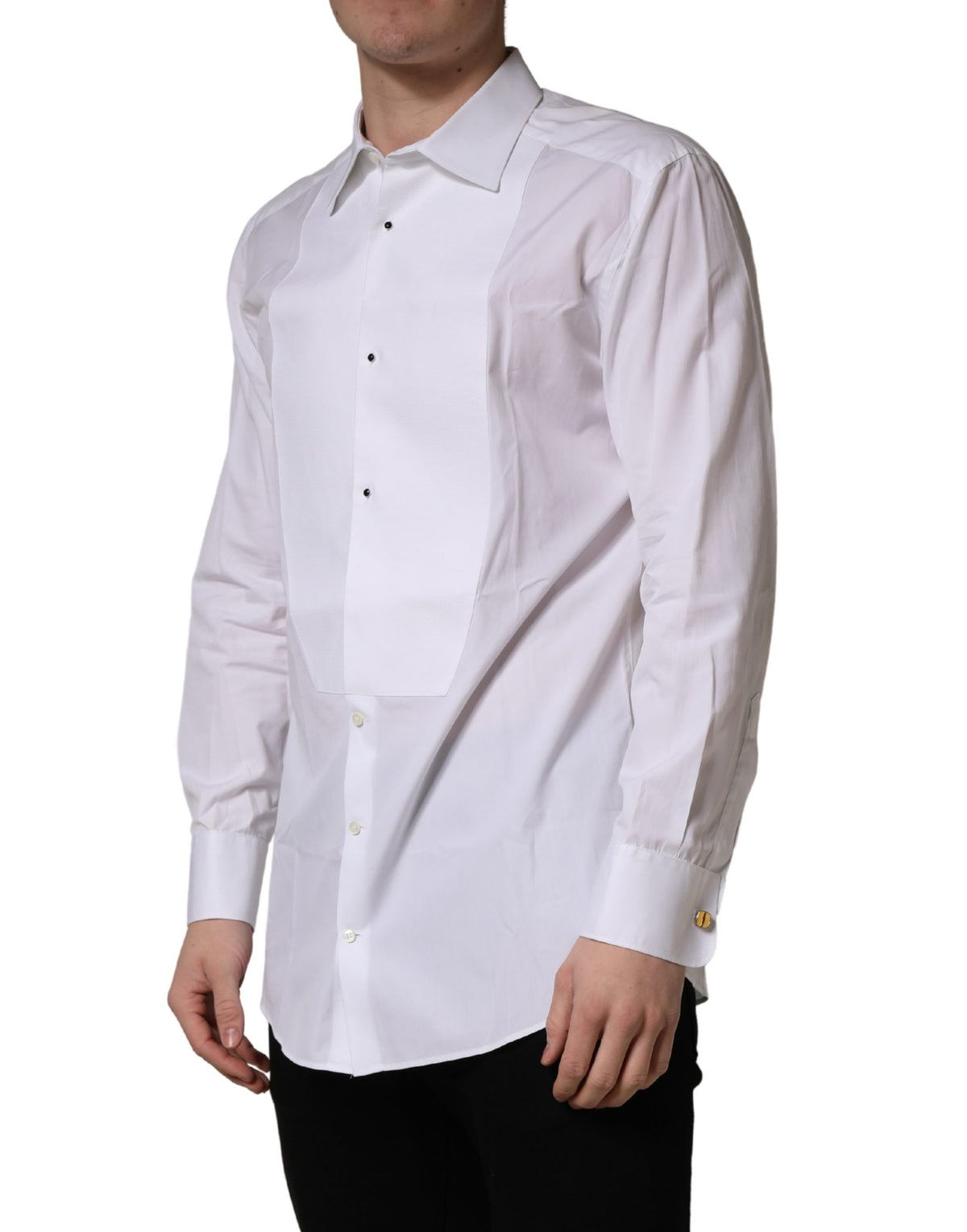Dolce & Gabbana White Cotton Collared Bib GOLD Dress Men's Shirt