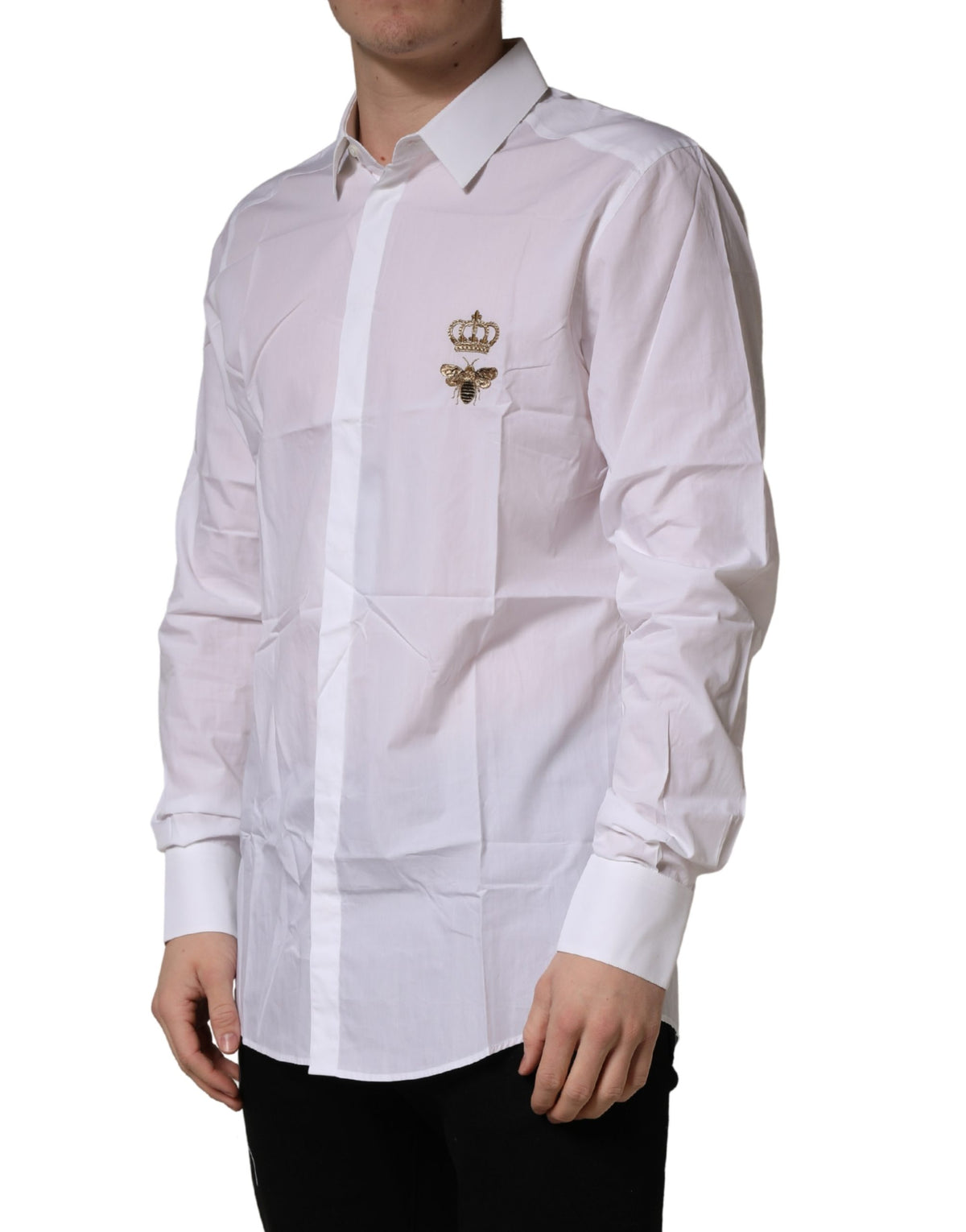 Dolce & Gabbana White GOLD Crown Bee Cotton Formal Dress Men's Shirt (Pre-Owned)
