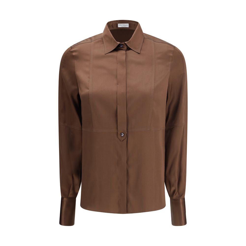 Brunello Cucinelli Brown Silk Dress Women's Shirt