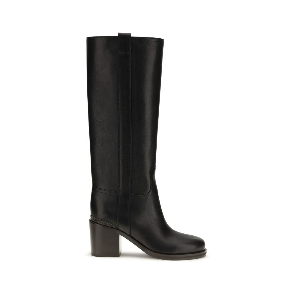 Brunello Cucinelli Black Calf Leather Bos Taurus High Heel Women's Boots