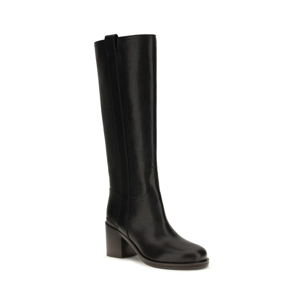 Brunello Cucinelli Black Calf Leather Bos Taurus High Heel Women's Boots