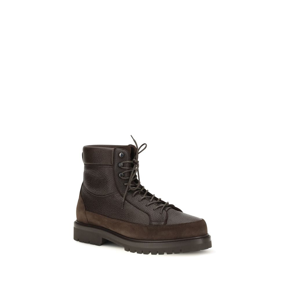 Brunello Cucinelli Brown Calf Leather Bos Taurus Lace-Up Men's Boots