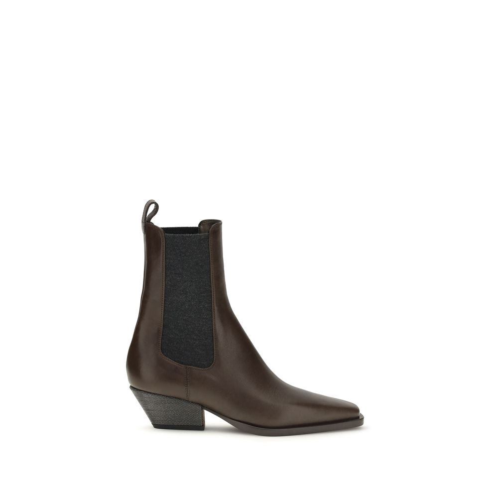 Brunello Cucinelli Brown Calf Leather Bos Taurus Ankle Women's Boots