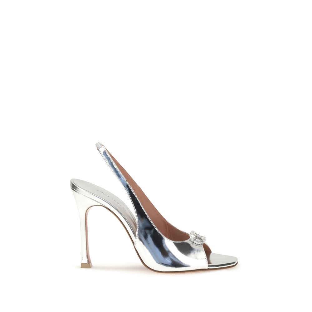 Amina Muaddi Silver Calf Leather Bos Taurus Women's Sandals