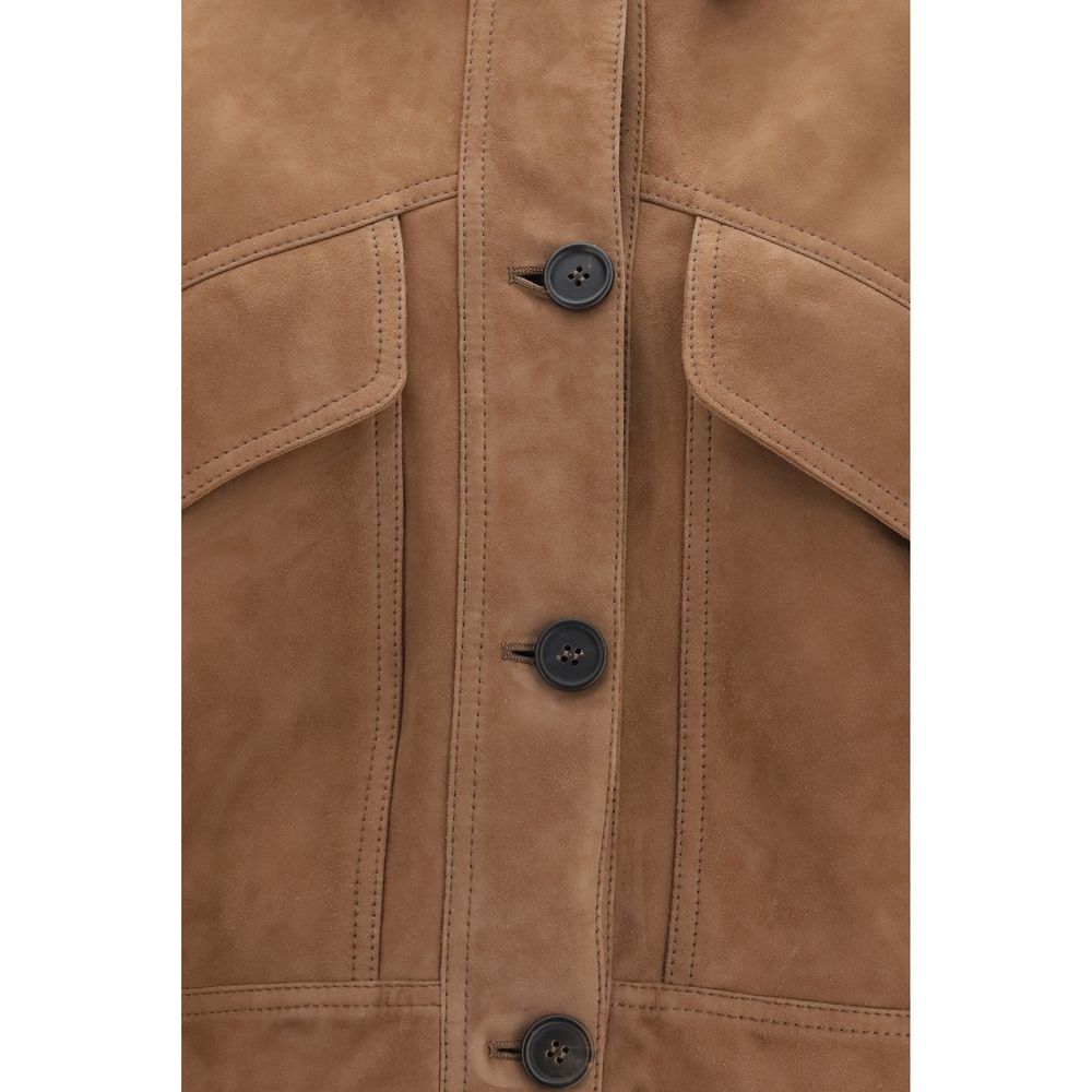 Brunello Cucinelli Brown Calf Leather Bos Taurus Denim Women's Jacket