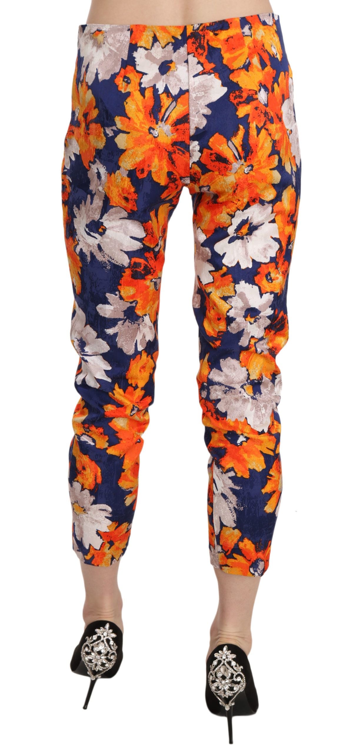 LANACAPRINA Blue Floral Print Skinny Slim Fit Trousers Women's Pants