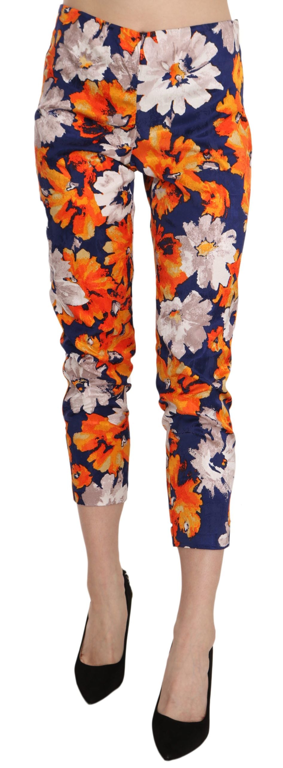 LANACAPRINA Blue Floral Print Skinny Slim Fit Trousers Women's Pants