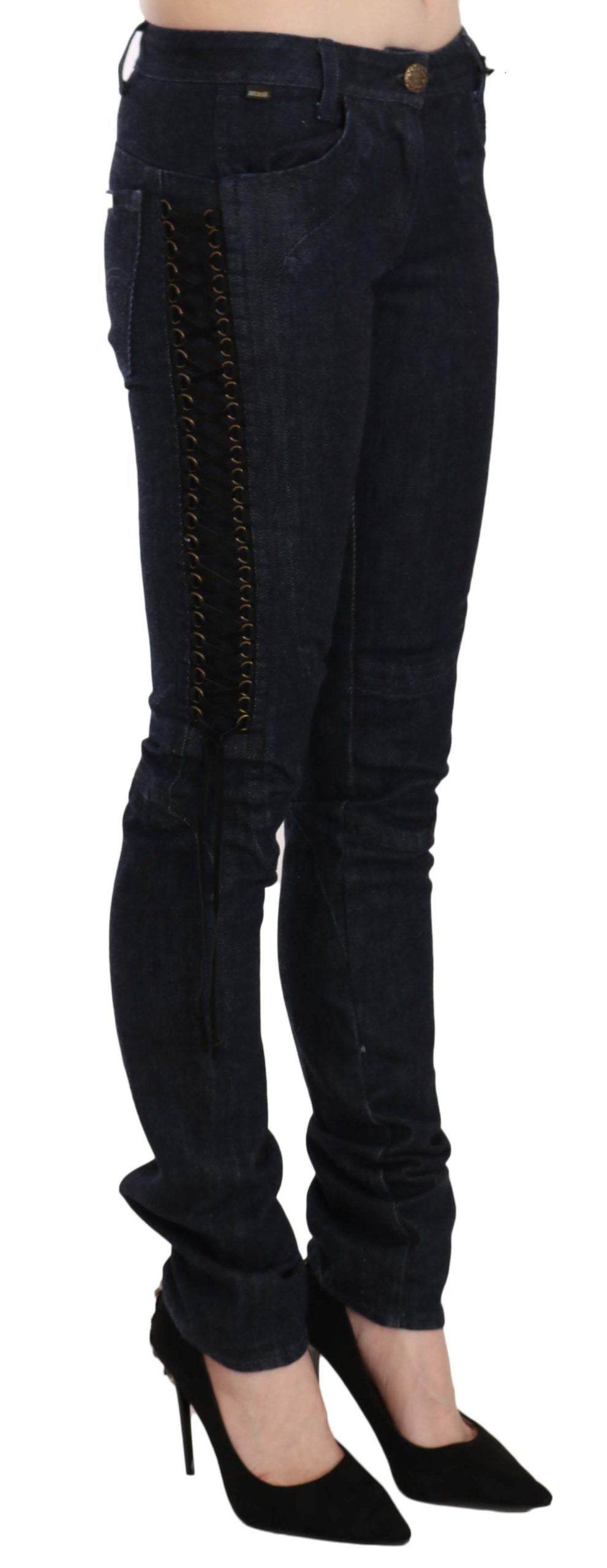 Just Cavalli Blue Low Waist Skinny Trousers Braided String Women's Pants