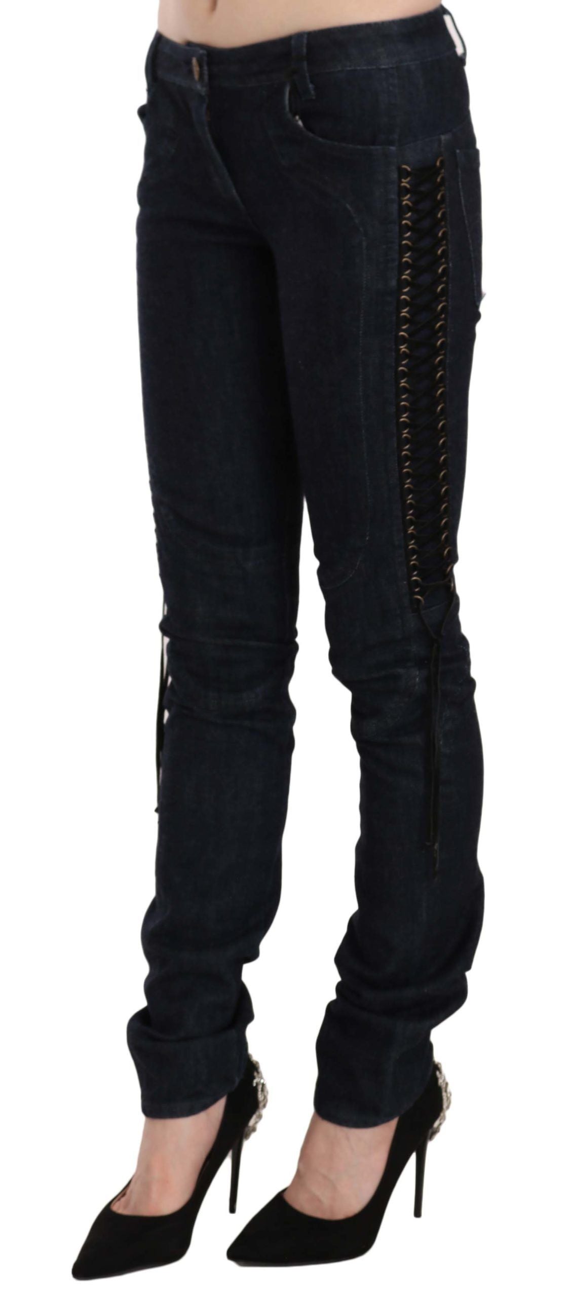 Just Cavalli Blue Low Waist Skinny Trousers Braided String Women's Pants