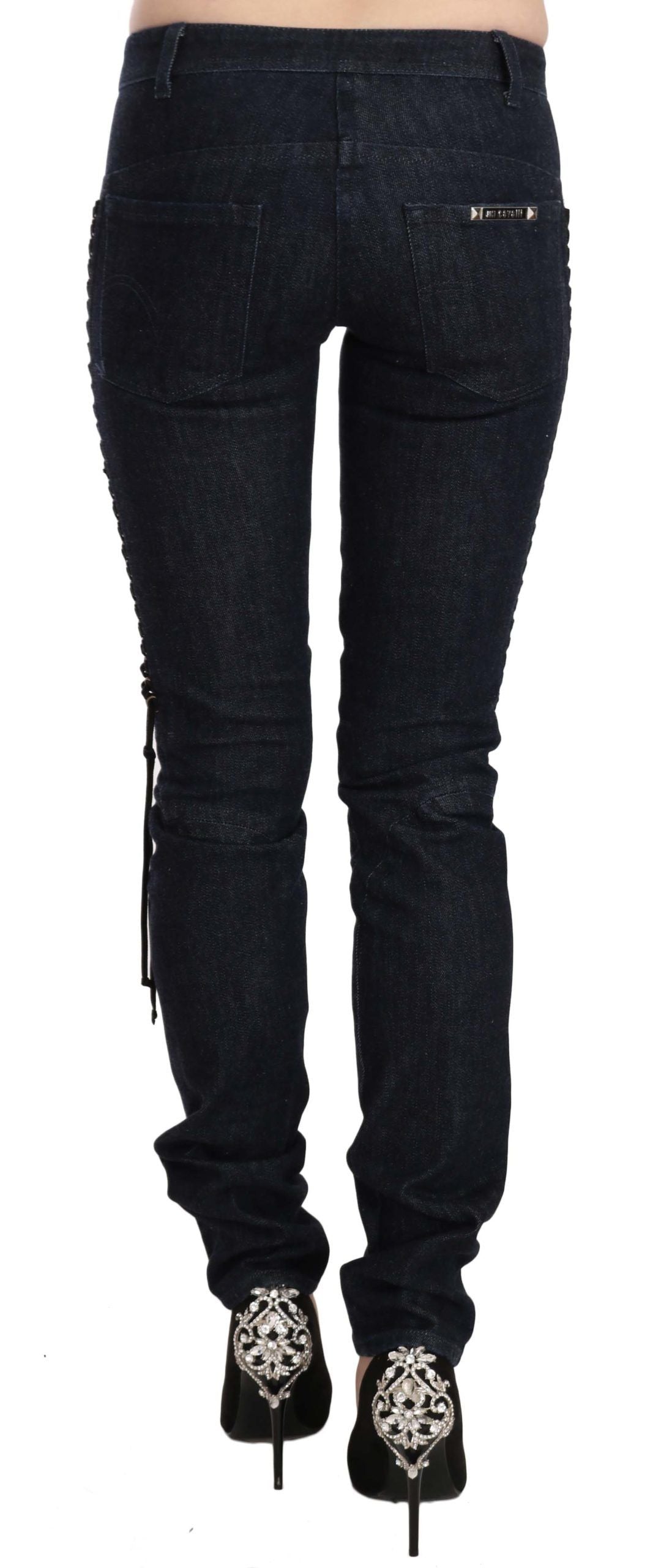 Just Cavalli Blue Low Waist Skinny Trousers Braided String Women's Pants