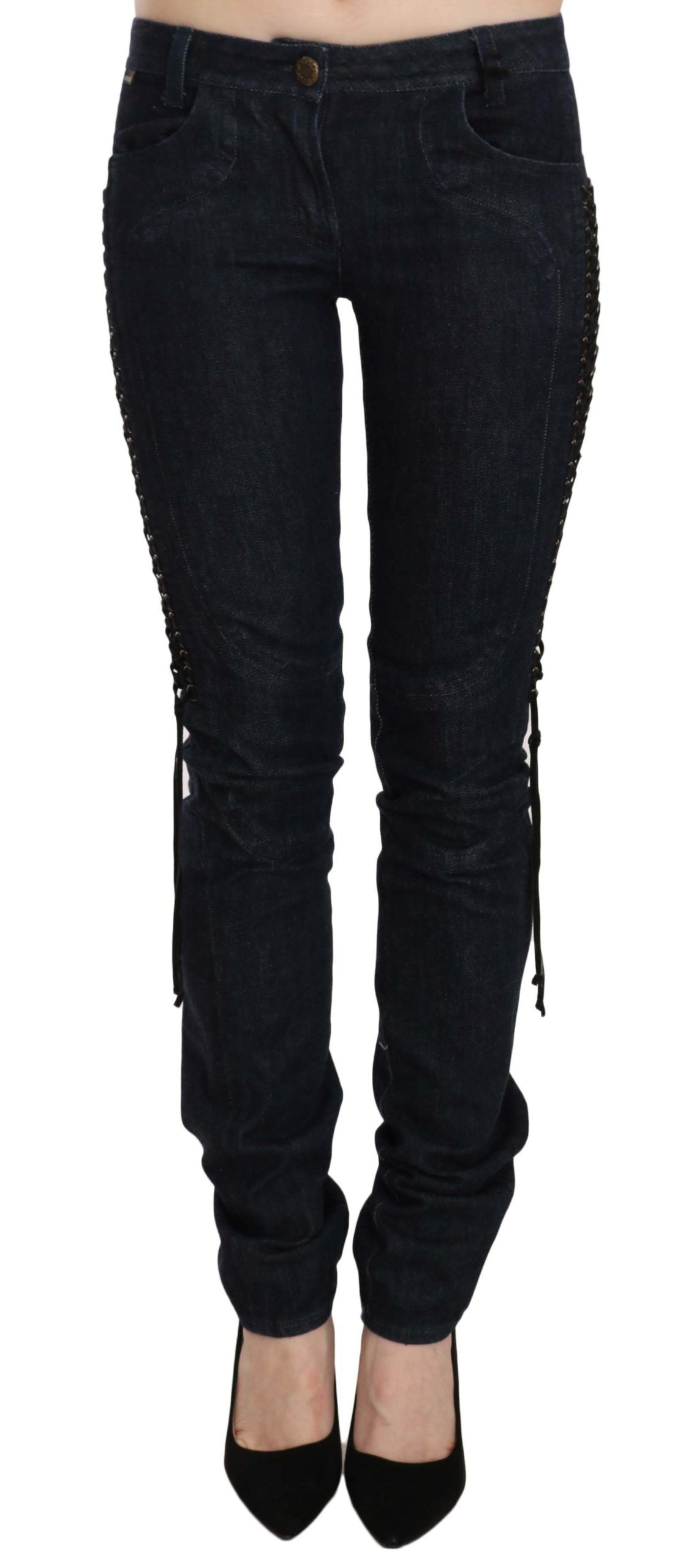 Just Cavalli Blue Low Waist Skinny Trousers Braided String Women's Pants
