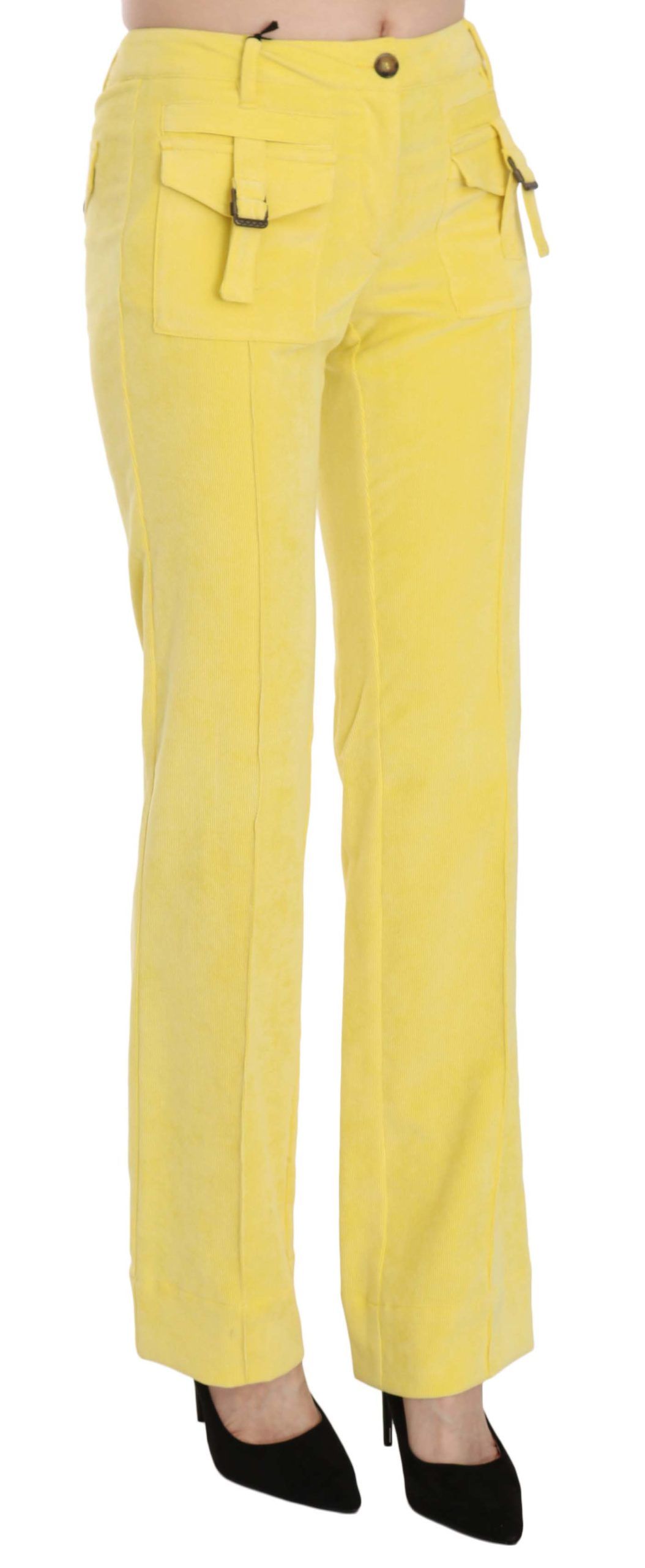 Just Cavalli Yellow Corduroy Mid Waist Straight Trousers Women's Pants