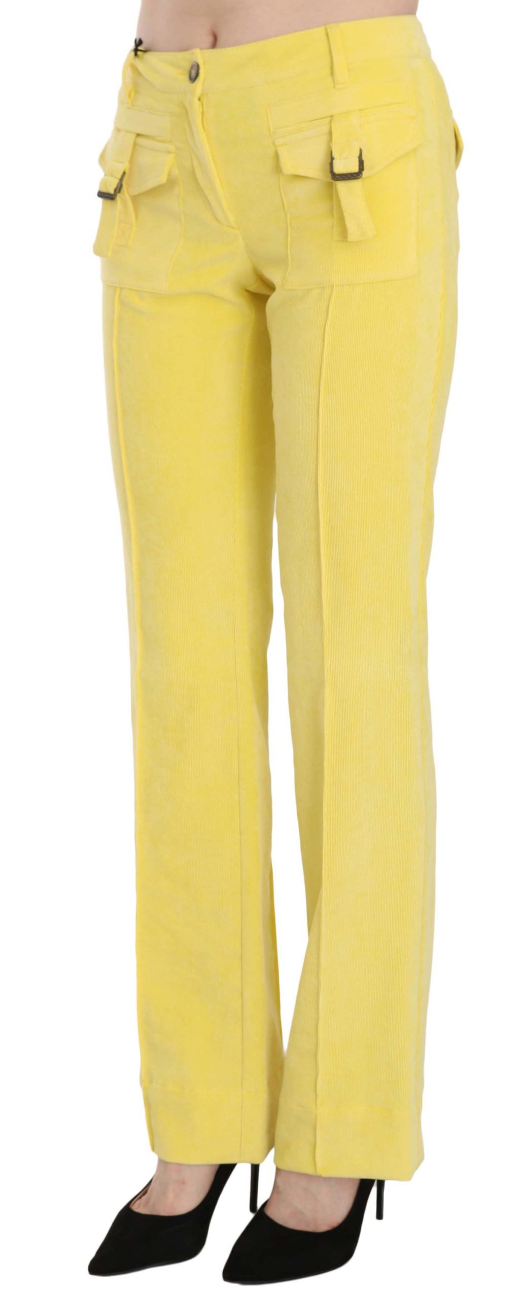 Just Cavalli Yellow Corduroy Mid Waist Straight Trousers Women's Pants