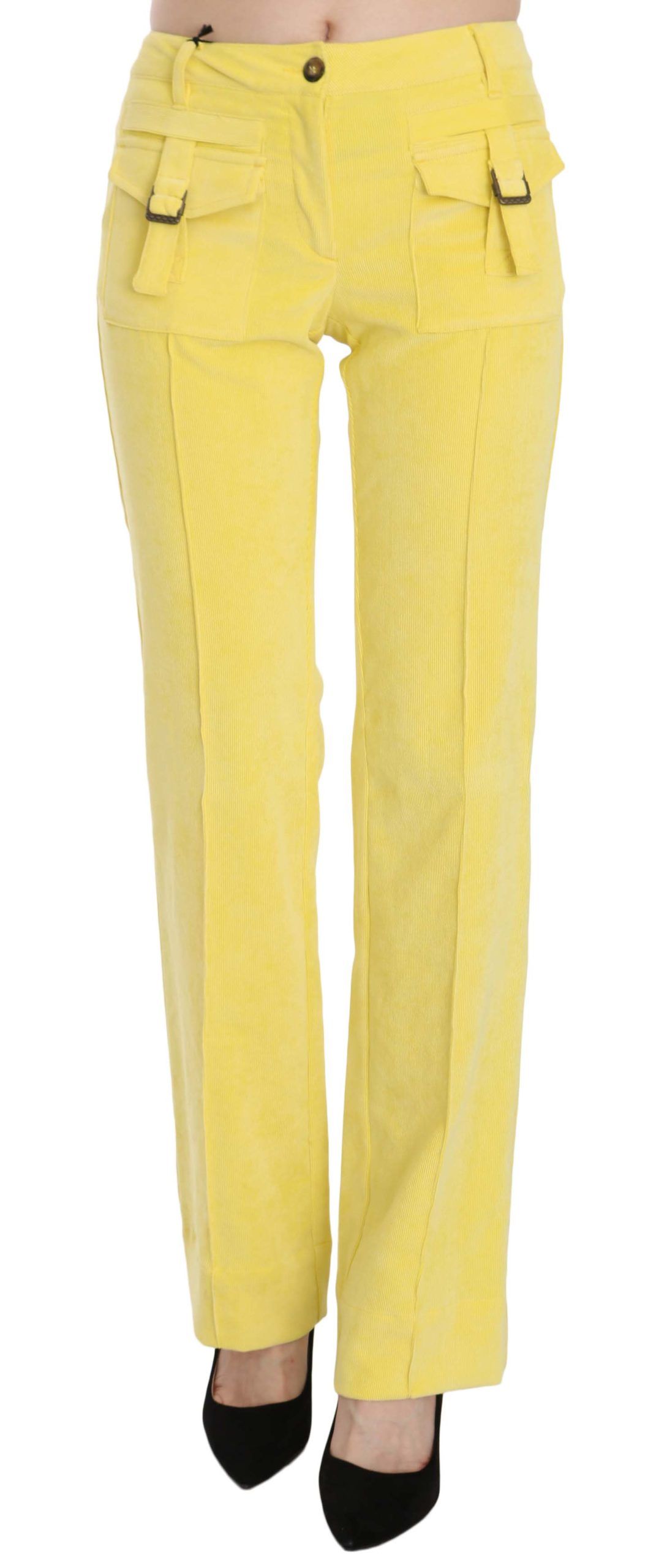 Just Cavalli Yellow Corduroy Mid Waist Straight Trousers Women's Pants