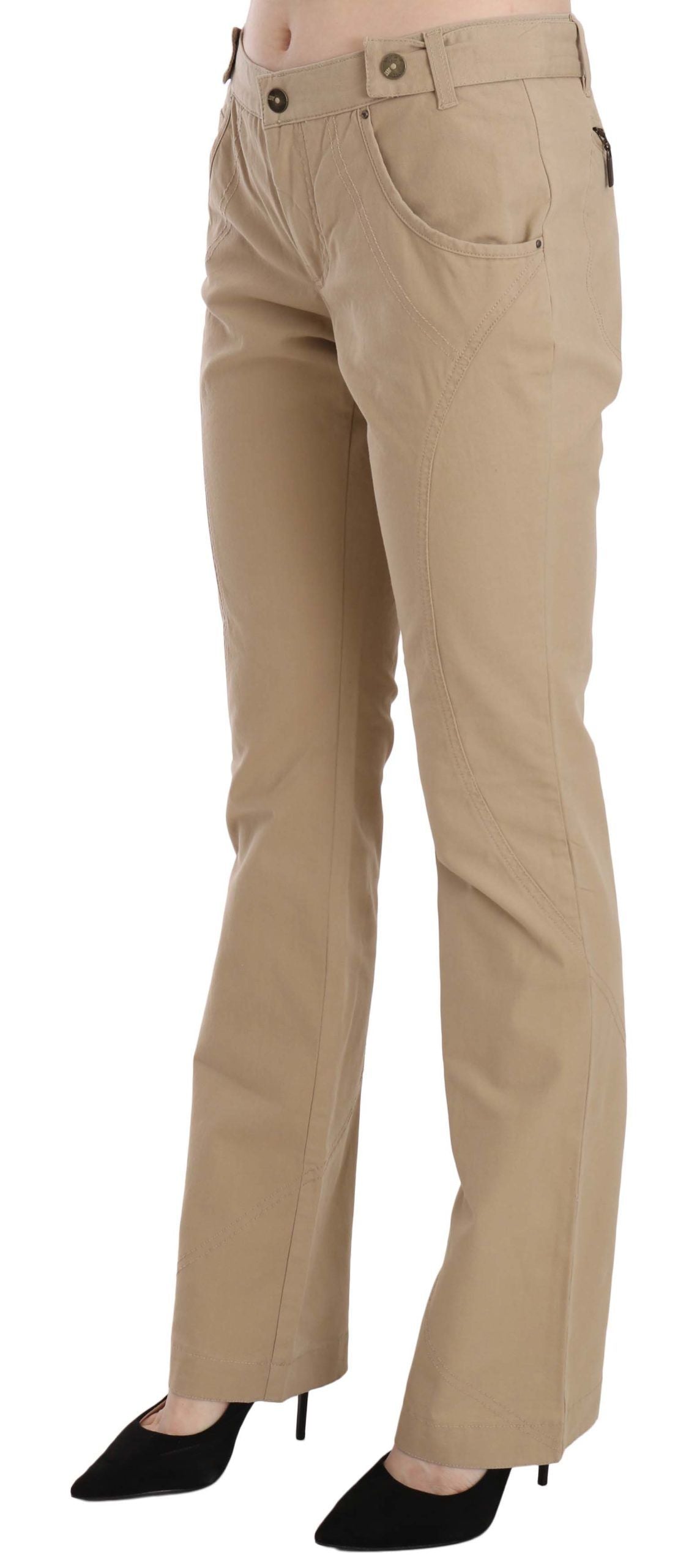 Just Cavalli Beige Cotton Mid Waist Straight Trousers Women's Pants